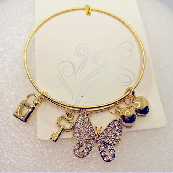 Bracelet Butterfly Chrystals with Heart and keys in Golden tone. - Picture 6 of 7